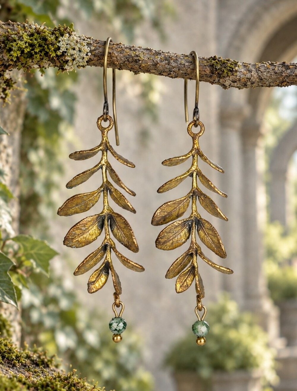 Moss Agate Botanical Earrings Antique Brass Leaf Dangles Hand Crafted